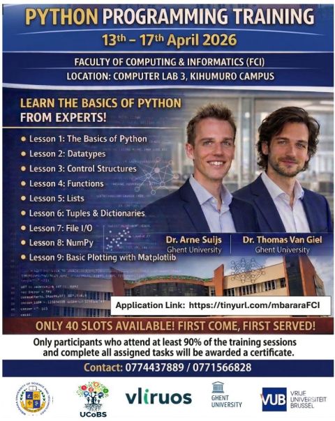 The programme poster for the Python Programming Training, 13th to 17th April 2026, listing nine lessons from the basics of Python to plotting with Matplotlib.
