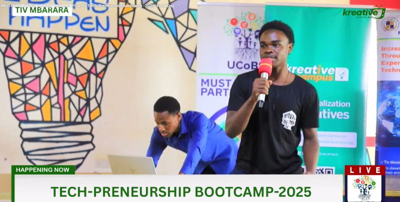 Pitching PayLink on stage at the Tech-Preneurship Bootcamp 2025, broadcast live from TIV Mbarara.